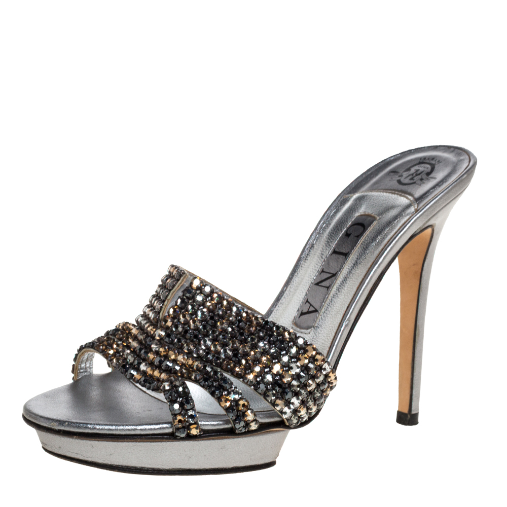 Image of Gina Grey Crystal Embellished Leather Platform Sandals Size