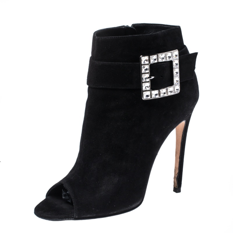 Image of Gina Black Suede Crystal Embellished Buckle Peep Toe Ankle Boots Size