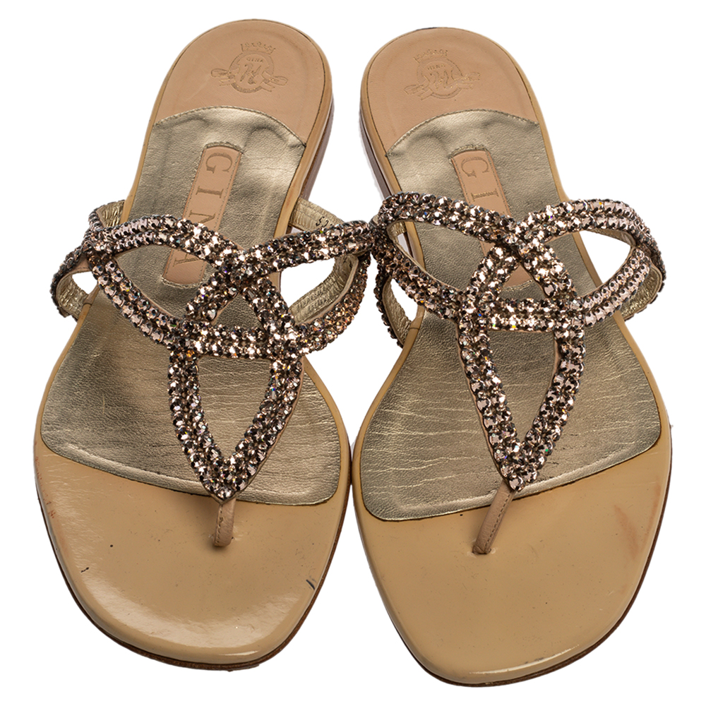 Gina Beige Crystal Embellished Leather Thong Flat Slides Size 39