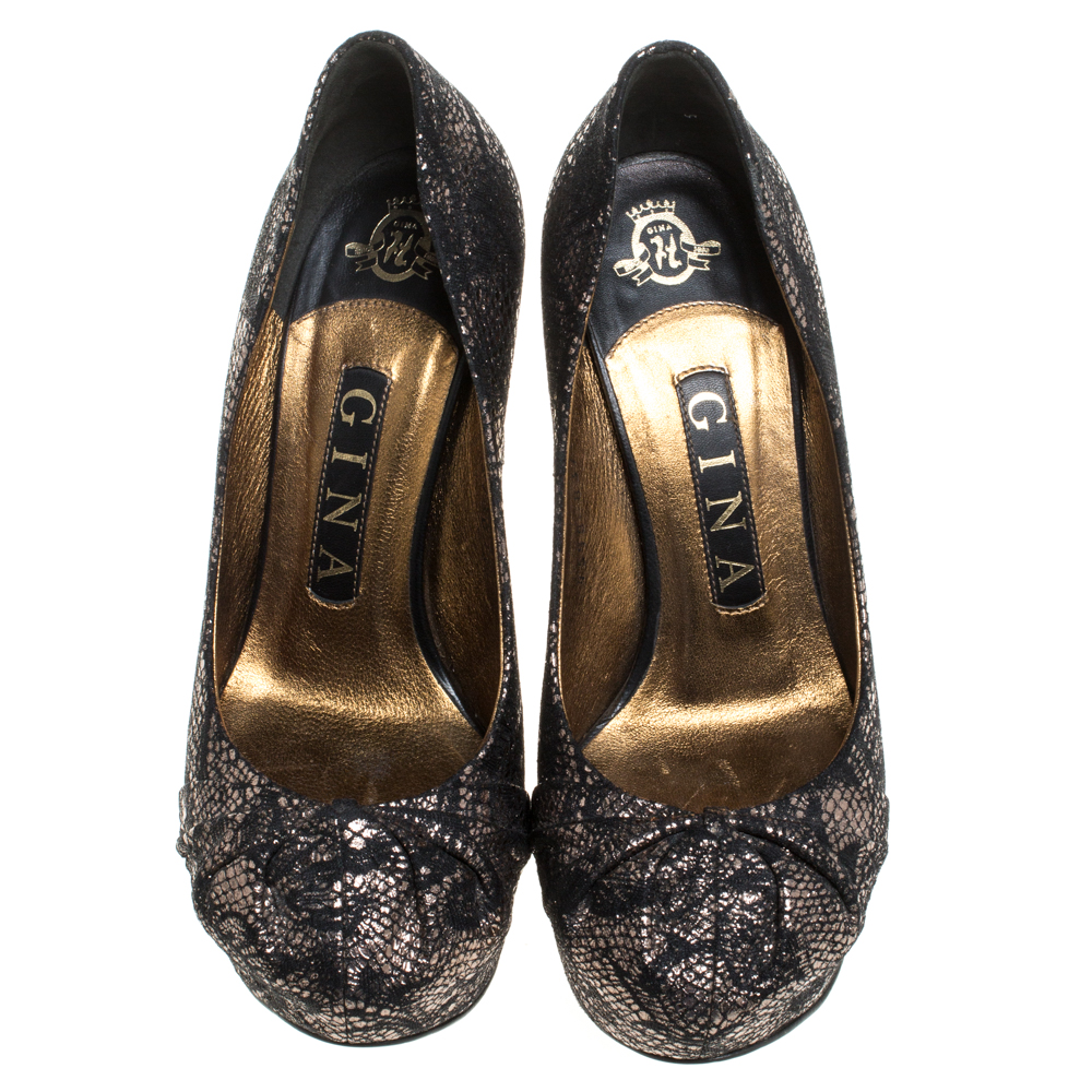 Gina Black/Silver Brocade Fabric Pleated High Heel Platform Pumps Size 36.5