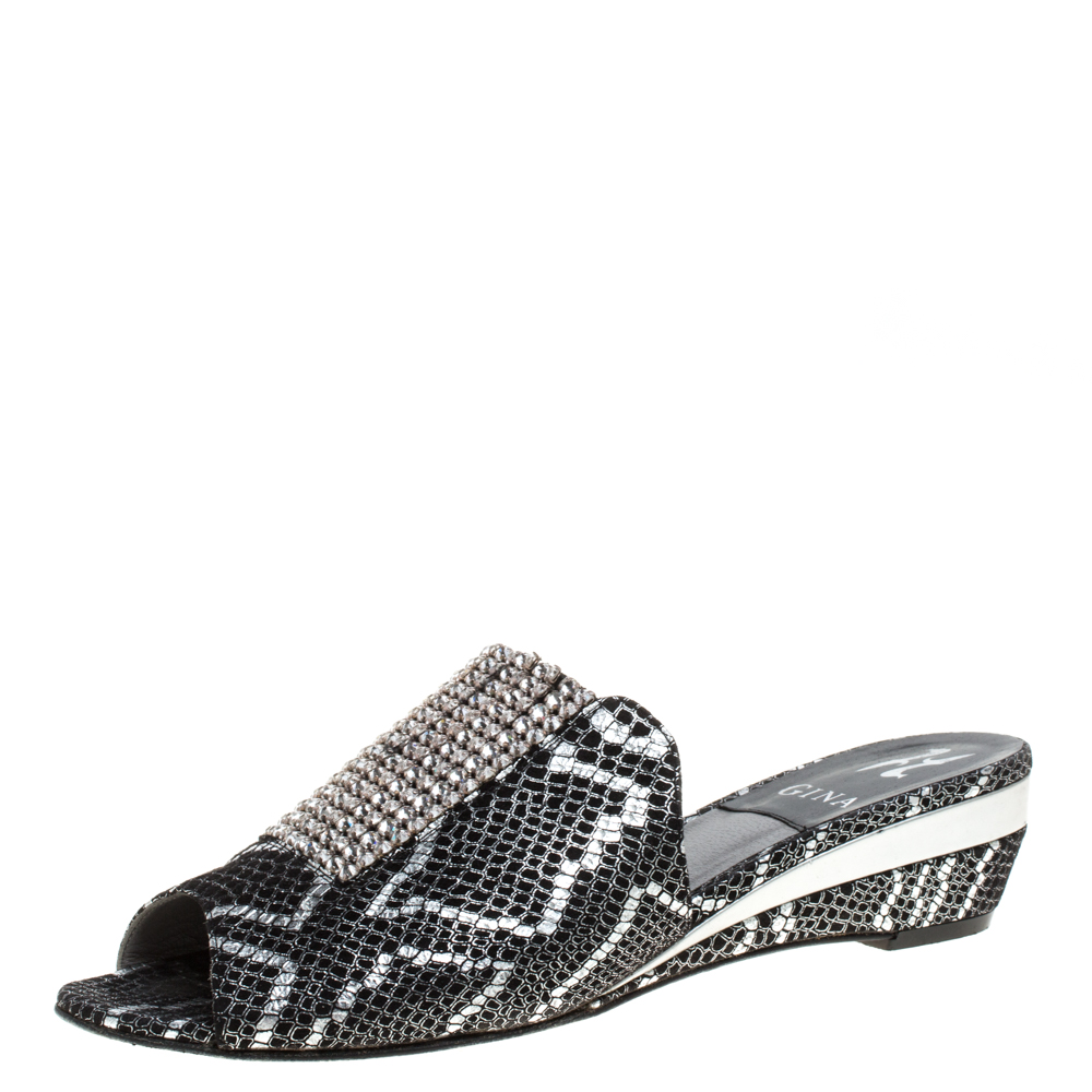 Image of Gina Black Textured Suede Embellished Open Toe Mule Sandals Size