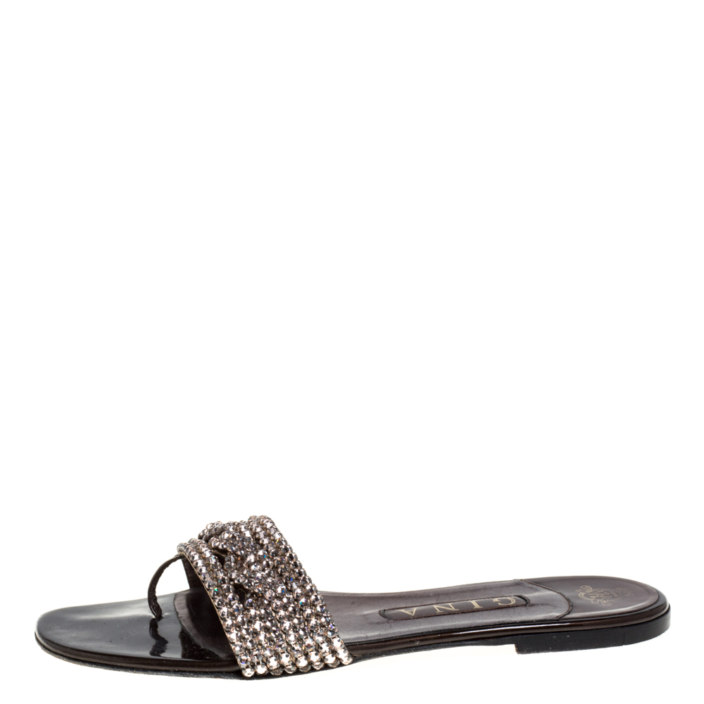 Image of Gina Brown Patent Leather Crystal Embellished Thong Flat Slides Size
