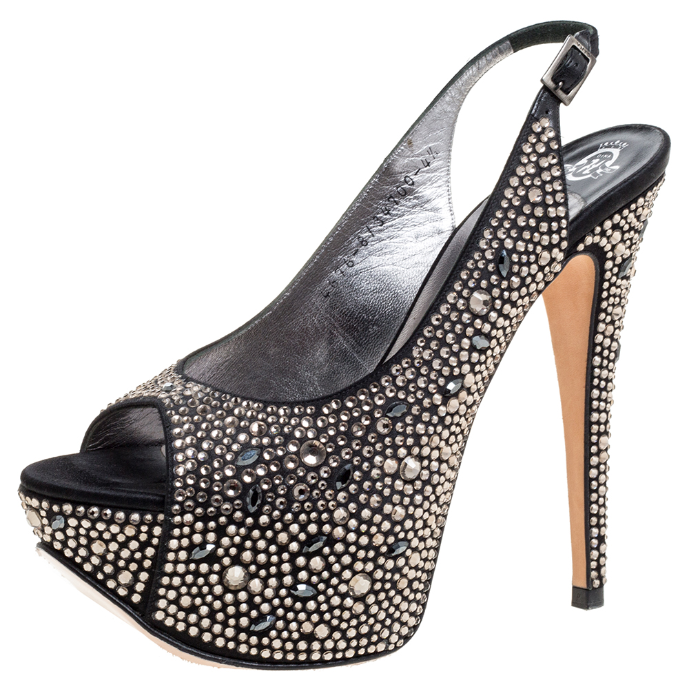 Image of Gina Black Satin Crystal Embellished Peep Toe Platform Slingback Sandals Size .