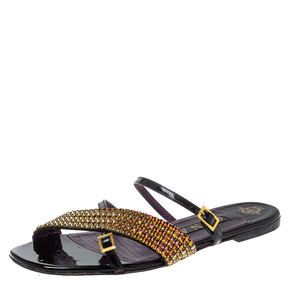 Image of Gina Multicolor Crystal Embellished Patent Leather Flat Slide Sandals Size .
