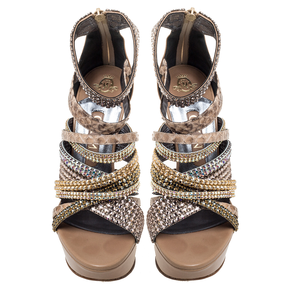 Gina Beige Leather And Python Trim Crystal Embellished Strappy Platform Ankle Cuff Sandals Size 38