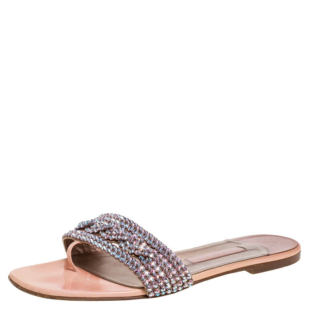 Image of Gina Pink Crystal Embellished Leather Thong Flat Slides Size