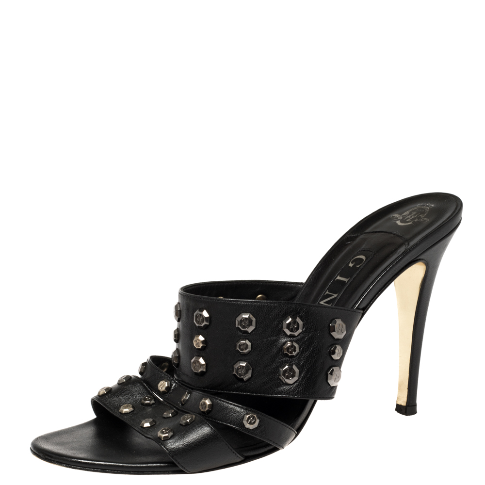 Image of Gina Black Leather Studded Open Toe Sandals Size