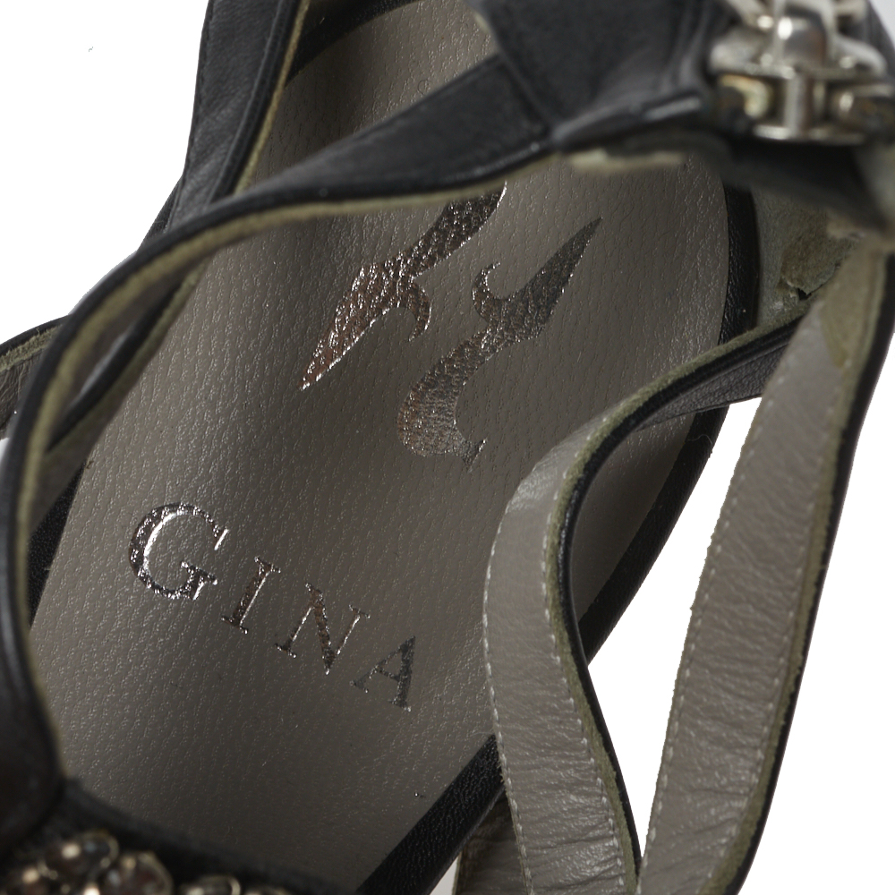 Gina Black Leather Crystal Embellished Sandals Size 37.5