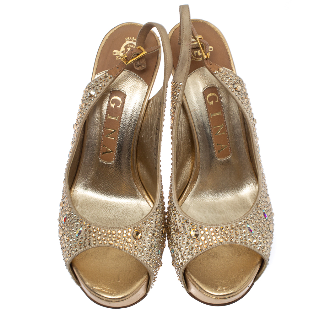 Gina Beige Satin Crystal Embellished Platform Peep Toe Slingback Sandals Size 37