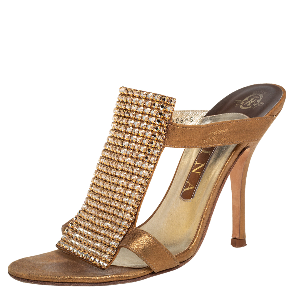 Gina Gold Leather And Crystal Embellished Slide Sandals Size 38