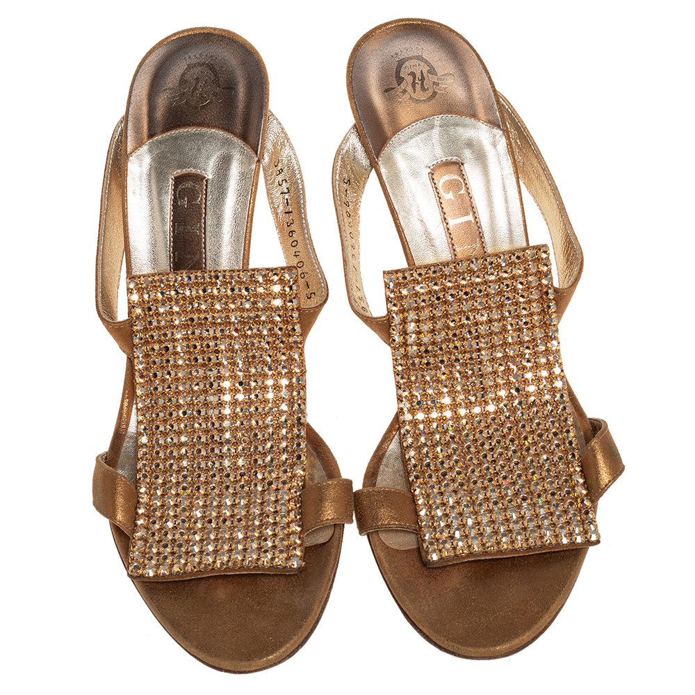 Gina Gold Leather And Crystal Embellished Slide Sandals Size 38