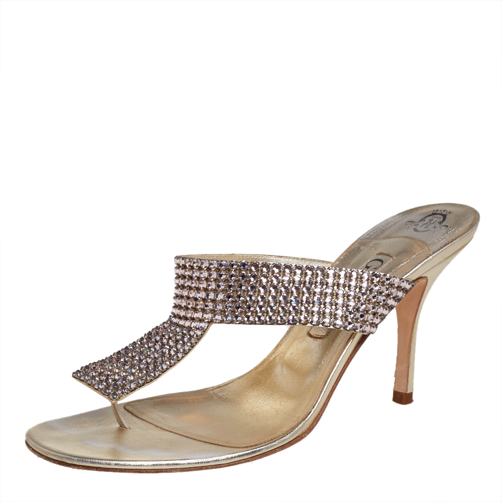 Gina Gold Leather Crystal Embellished Slip On Sandals Size 39.5