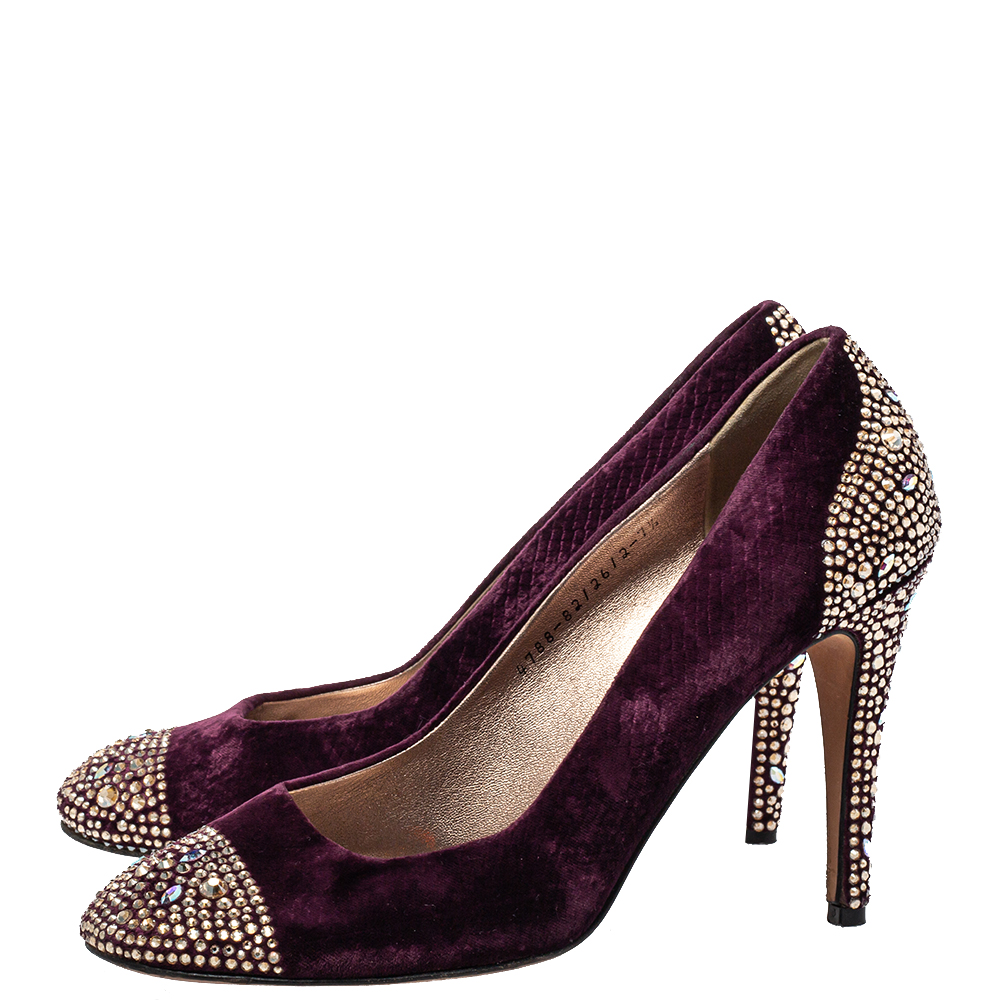 Gina Purple Velvet Crystal Embellishment Platform Pumps Size 40.5