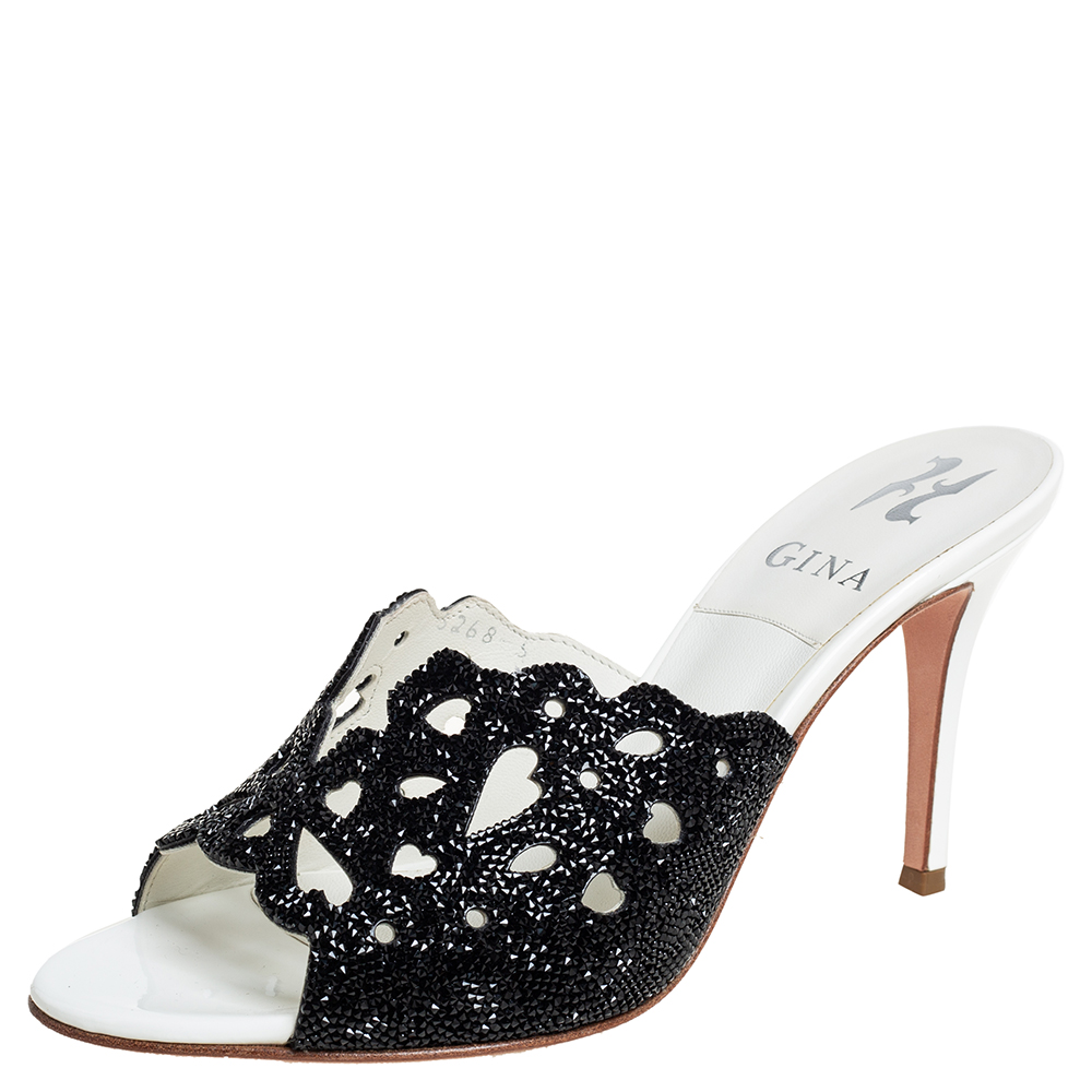 Gina Black Crystal Embellished Leather Slide Sandals Size 37