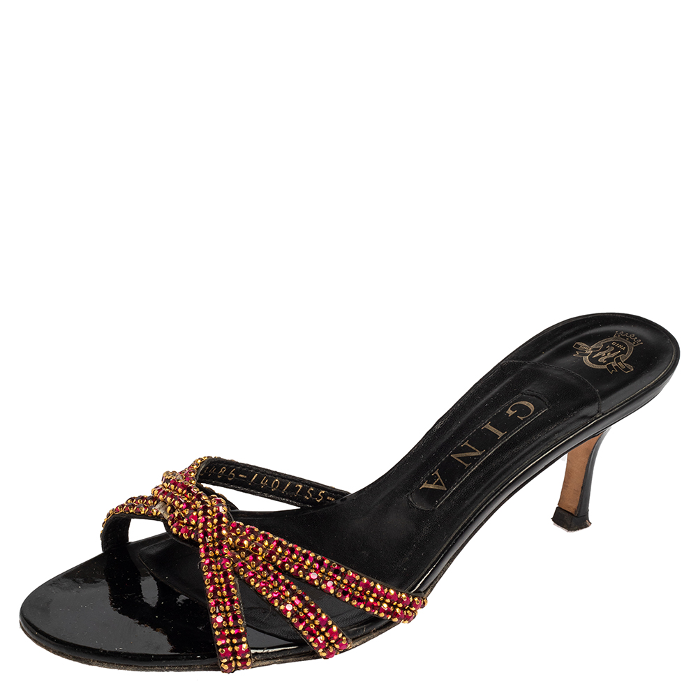 Gina Black Leather Crystal Embellished Slide Sandals Size 38