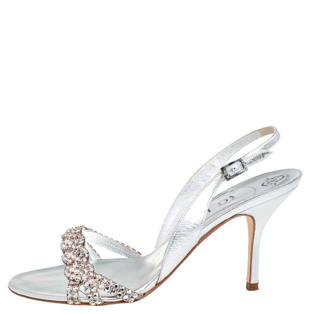

Gina Silver Swarovski Crystal Embellished Leather Naomi Slingback Sandals Size