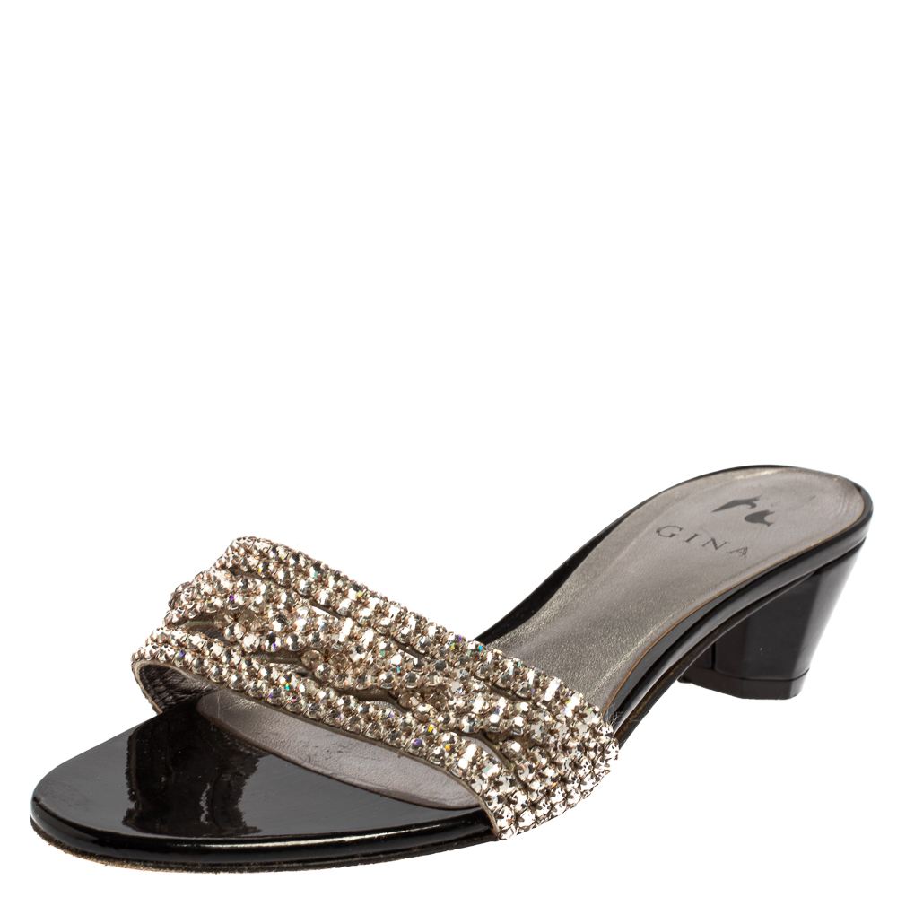Gina Black/Grey Patent And Leather Crystal Embellishment Slide Sandals Size 40