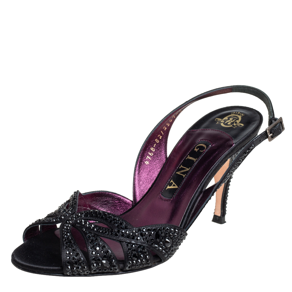 Gina Black Leather Crystal Embellished Slingback Sandals Size 38