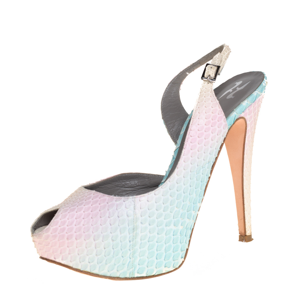 Gina Multicolor Python Leather Peep Toe Slingback Sandals Size 38.5