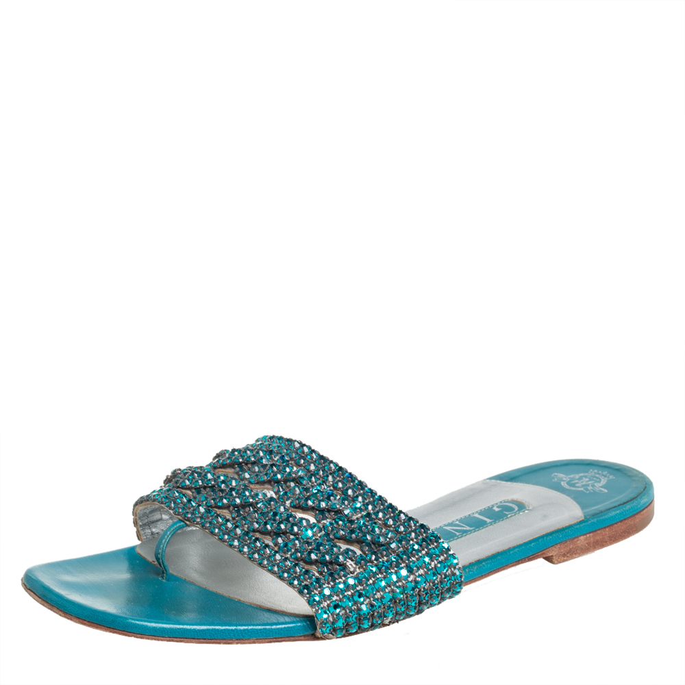 Gina Blue Leather Embellished Flat Sandals Size 39