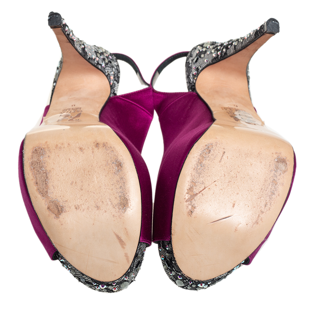 Gina Purple Satin Embellished Heel Peep Toe Platform Pumps Size 39