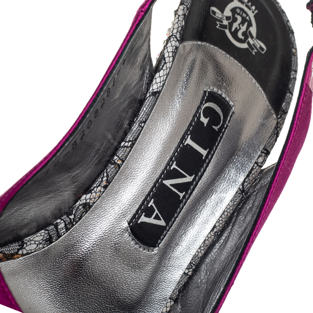 Gina Purple Satin Embellished Heel Peep Toe Platform Pumps Size 39