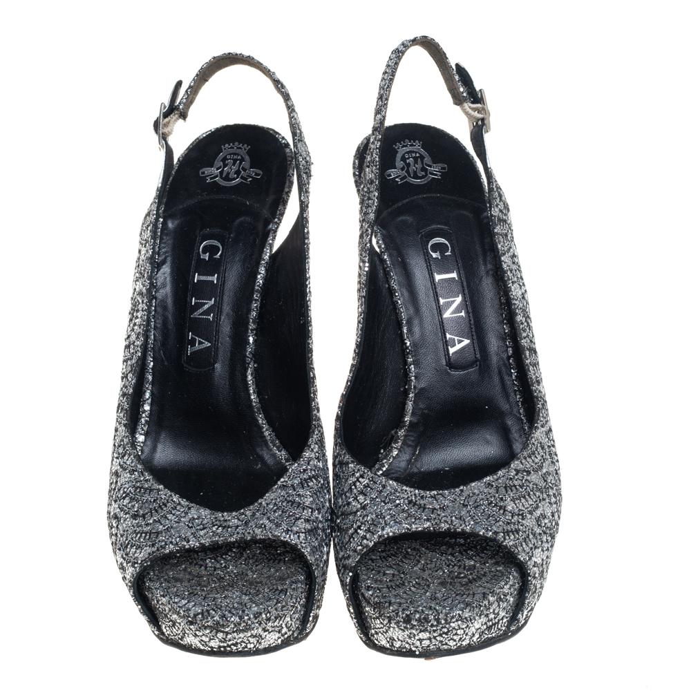 Gina Metallic Silver Glitter Peep Toe Platform Slingback Sandals Size 38.5