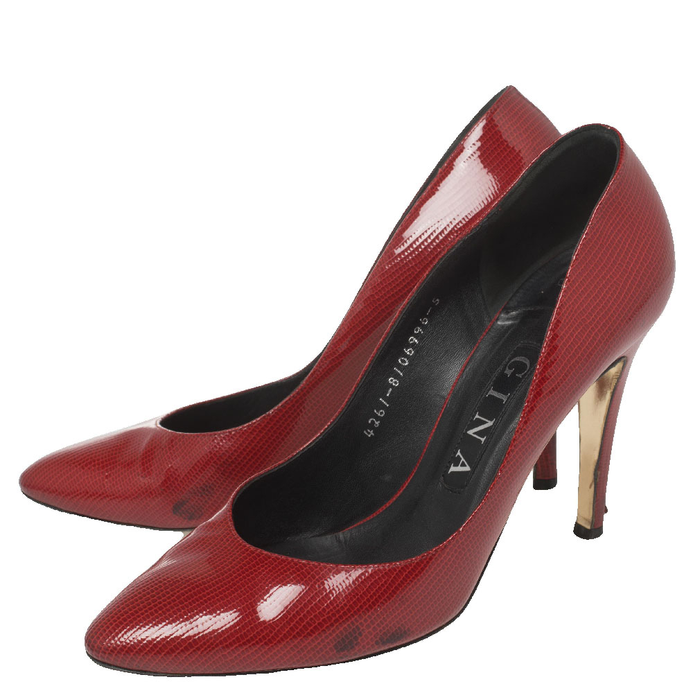 Gina Red Glossy Lizard Embossed Leather Pointed Toe Pumps Size 38