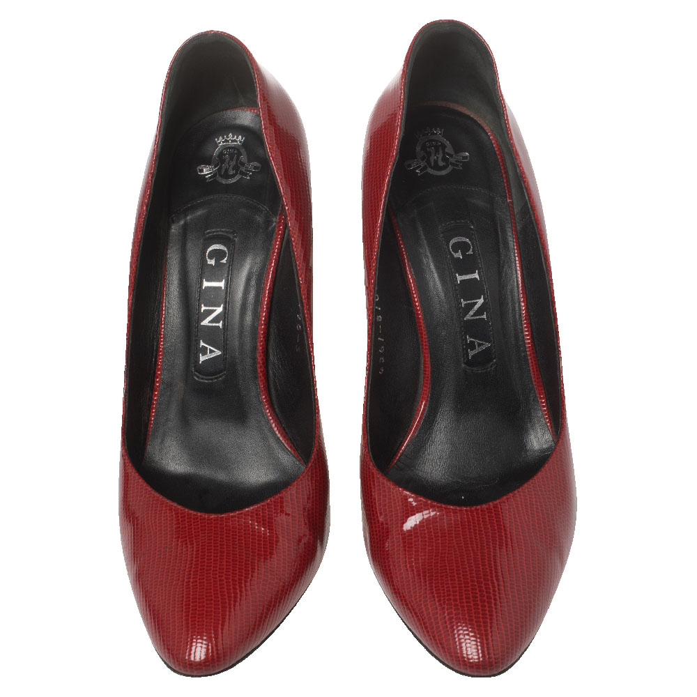 Gina Red Glossy Lizard Embossed Leather Pointed Toe Pumps Size 38