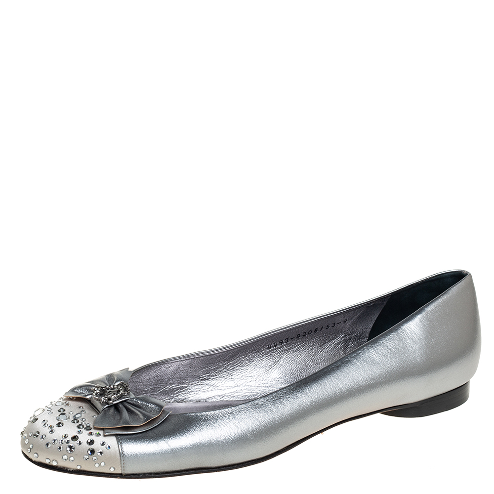 Gina Metallic Silver Leather And Satin Crystal Embellished Cap Toe Bow Ballet Flats Size 42