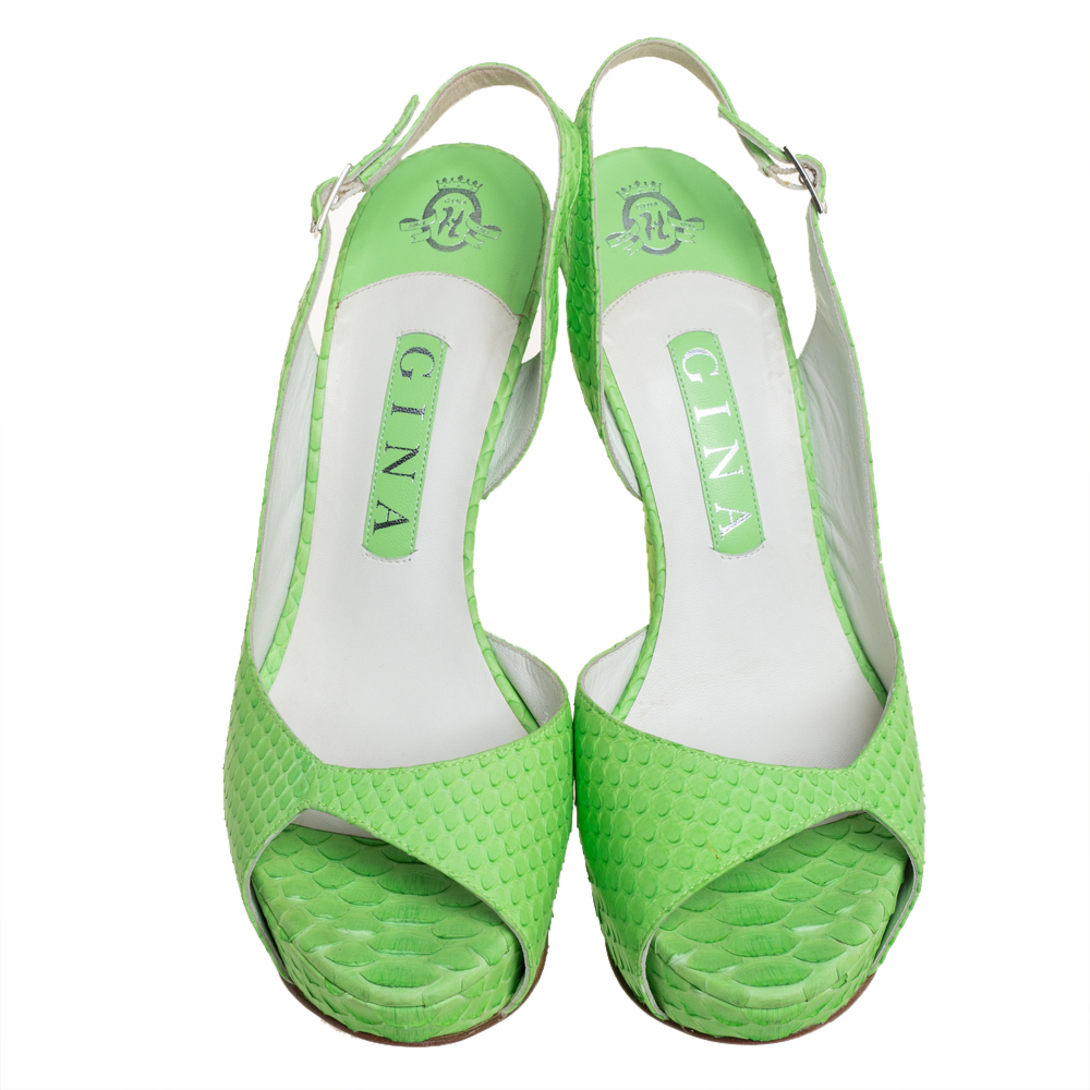 Gina Green Python Embossed Leather Peep Toe Platform Slingback Sandals Size 38