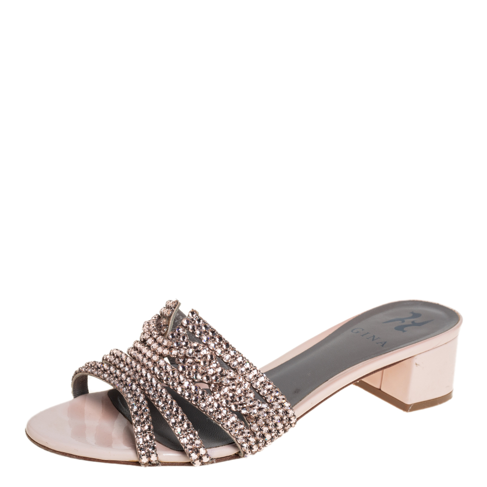 Gina Beige Leather Crystal Embellished Block Heel Slide Sandals Size 40.5