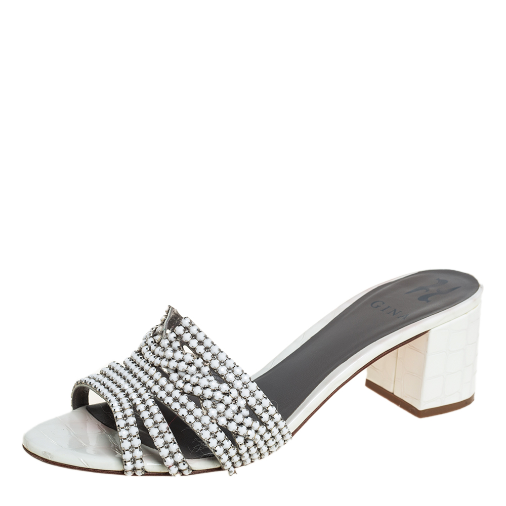 Gina Off White Leather Crystal Embellished Block Heel Slide Sandals Size 40.5