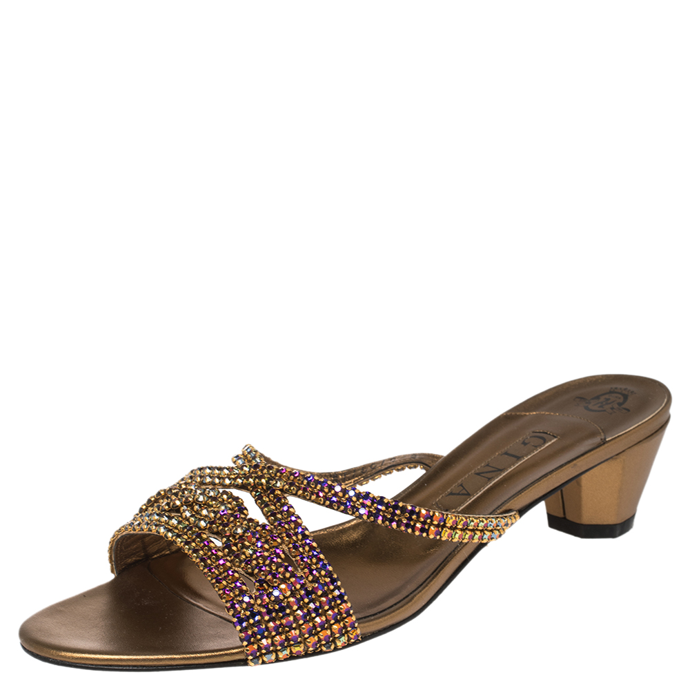 Gina Gold Leather Crystal Embellished Slide Sandals Size 41