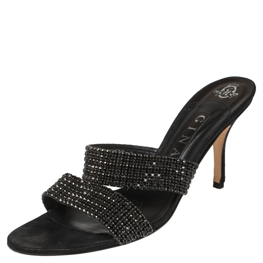 Gina Black Leather Crystal Embellished Slide Sandals Size 41
