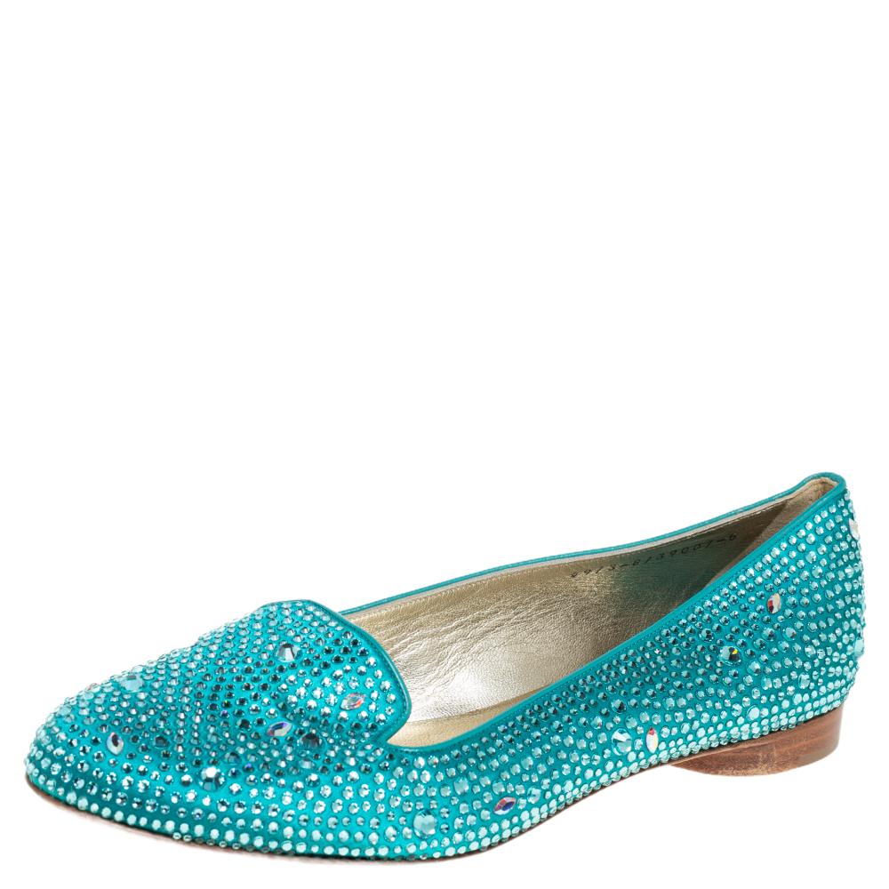 Gina Blue Satin Crystal Embellished Loafers Size 39