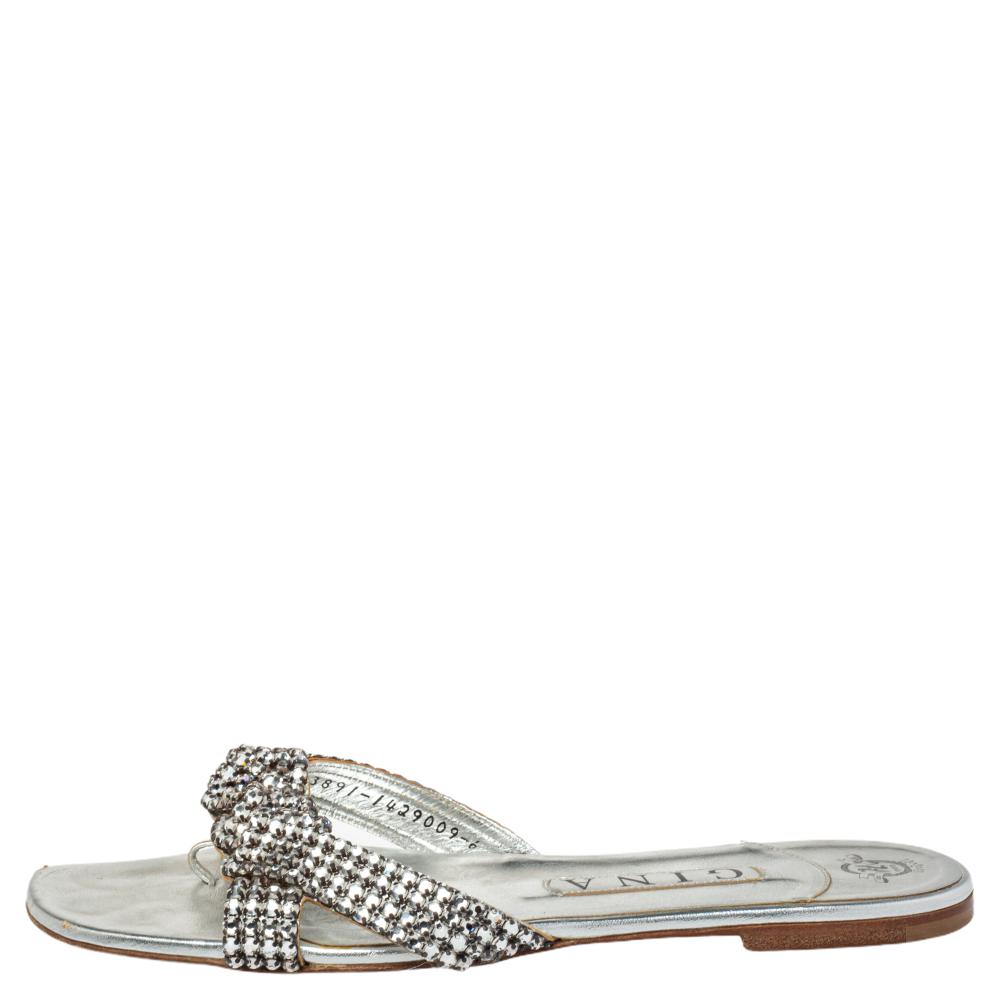 Gina Silver Leather Crystal Embellished Slide Sandals Size
Gina Silver Leather Crystal Embellished Slide Sandals Size