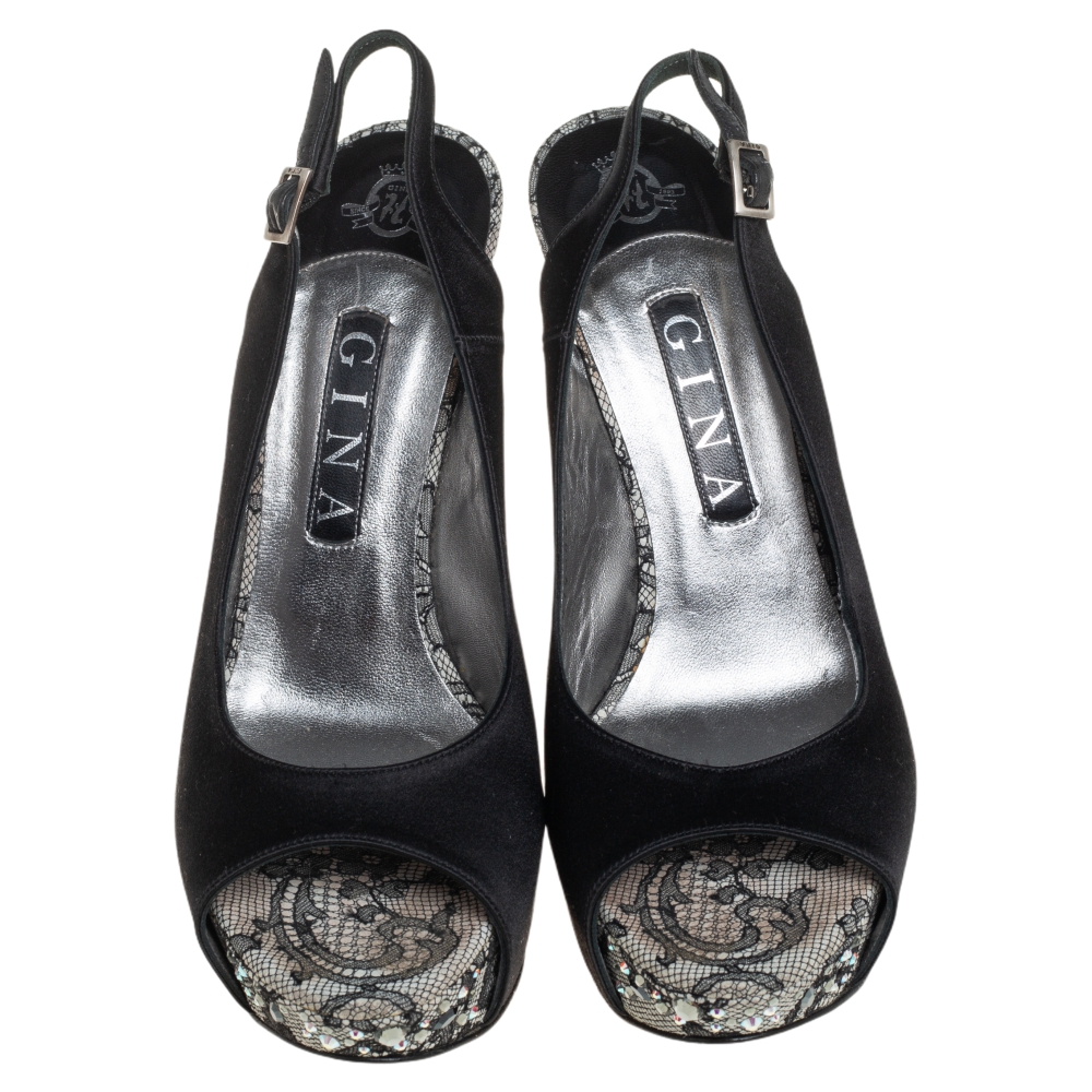 Gina Black Satin Crystal Platform  Slingback Sandals Size 39.5