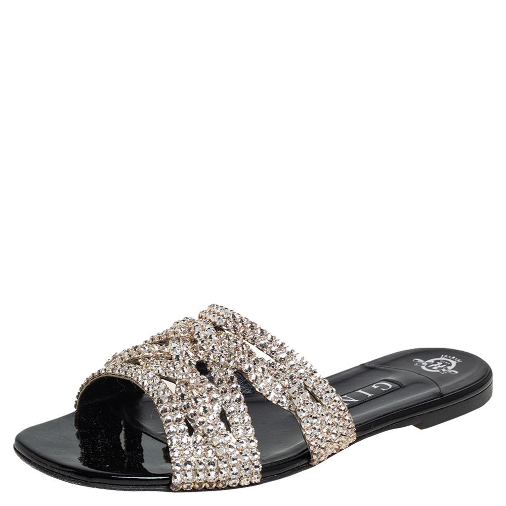 Gina Black Leather Crystal Embellishment Sandals Size 38