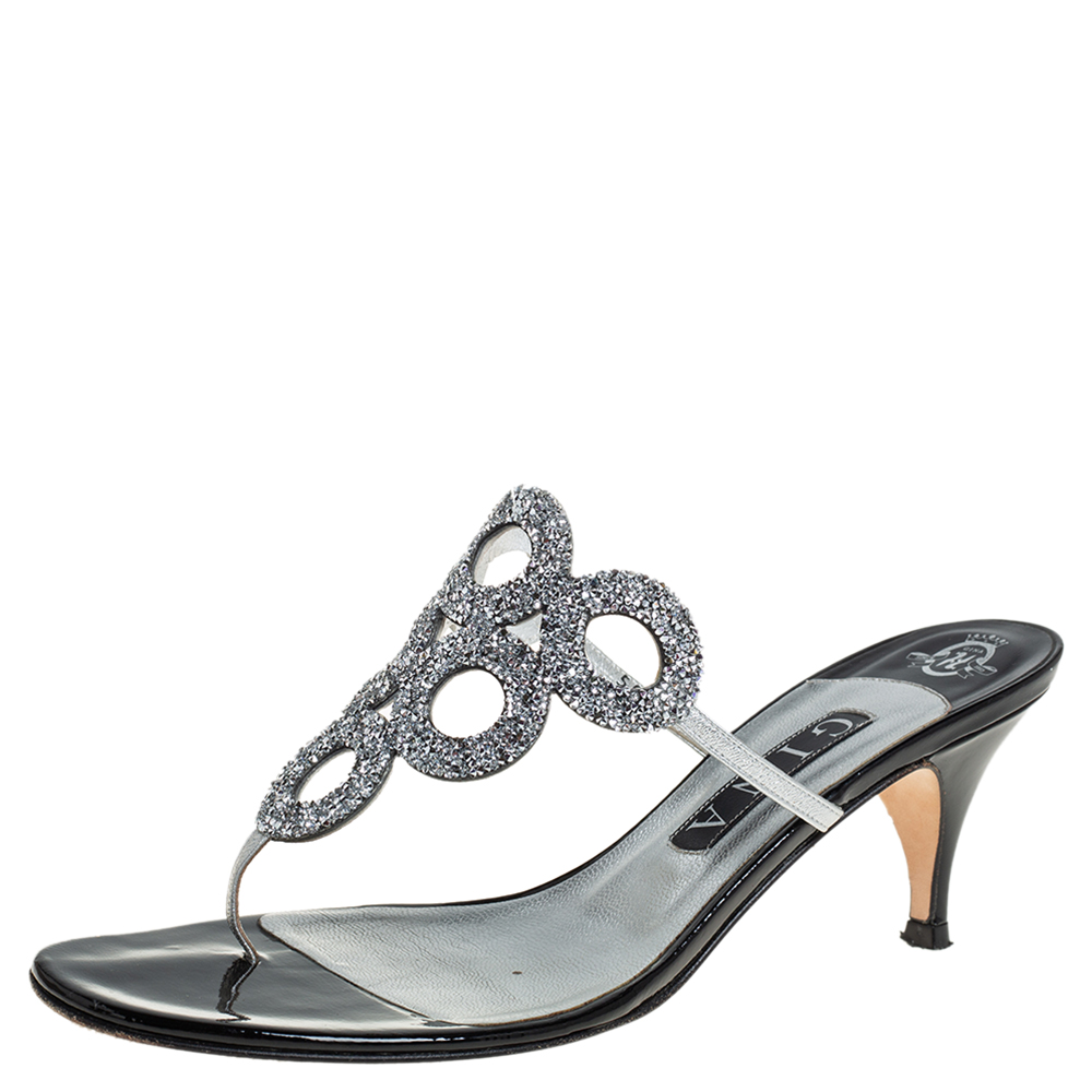 Gina Black/Silver Leather Crystal Embellished Slide Sandals Size 39