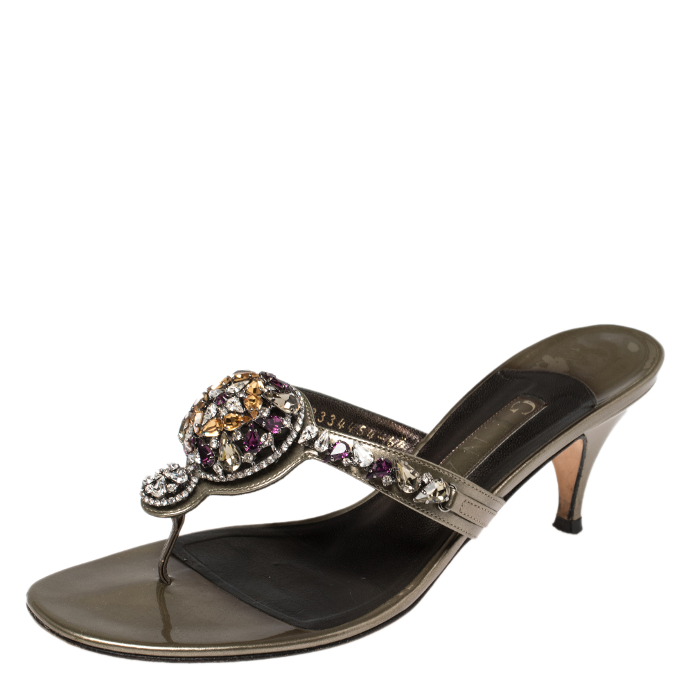 Gina Olive Green Patent Leather Crystal Embellished Slide Sandals Size 39.5