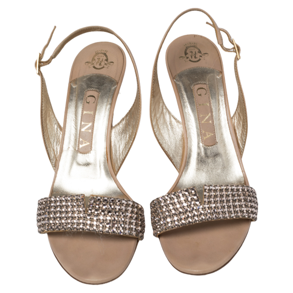 Gina Beige Leather Crystal Embellished Slingback Sandals Size 37.5