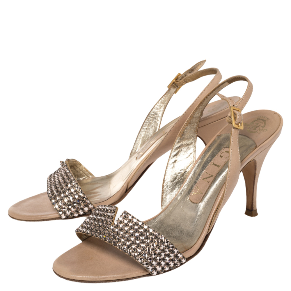 Gina Beige Leather Crystal Embellished Slingback Sandals Size 37.5