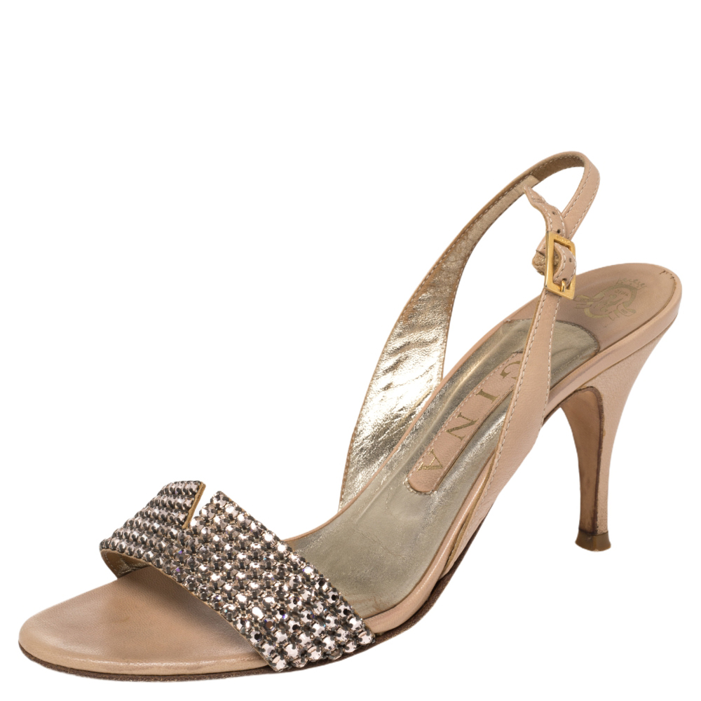 Gina beige leather crystal embellished slingback sandals size 37.5