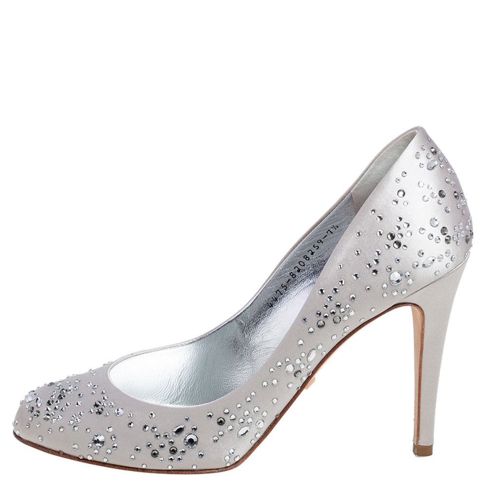 Gina Silver Satin Audrey Crystal Embellished Pumps Size 40.5