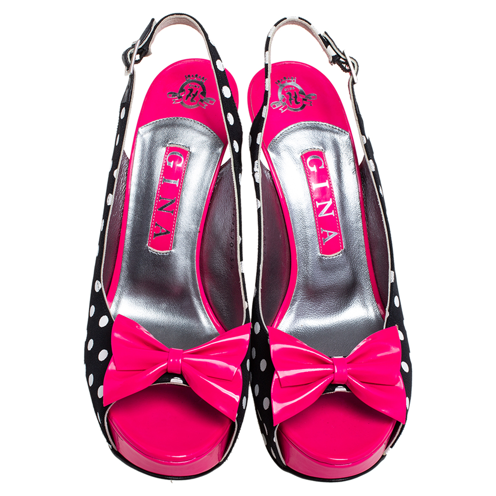Gina Pink/Black Polka Dot Fabric And Patent Leather Bow Platform Slingback Sandals Size 38.5