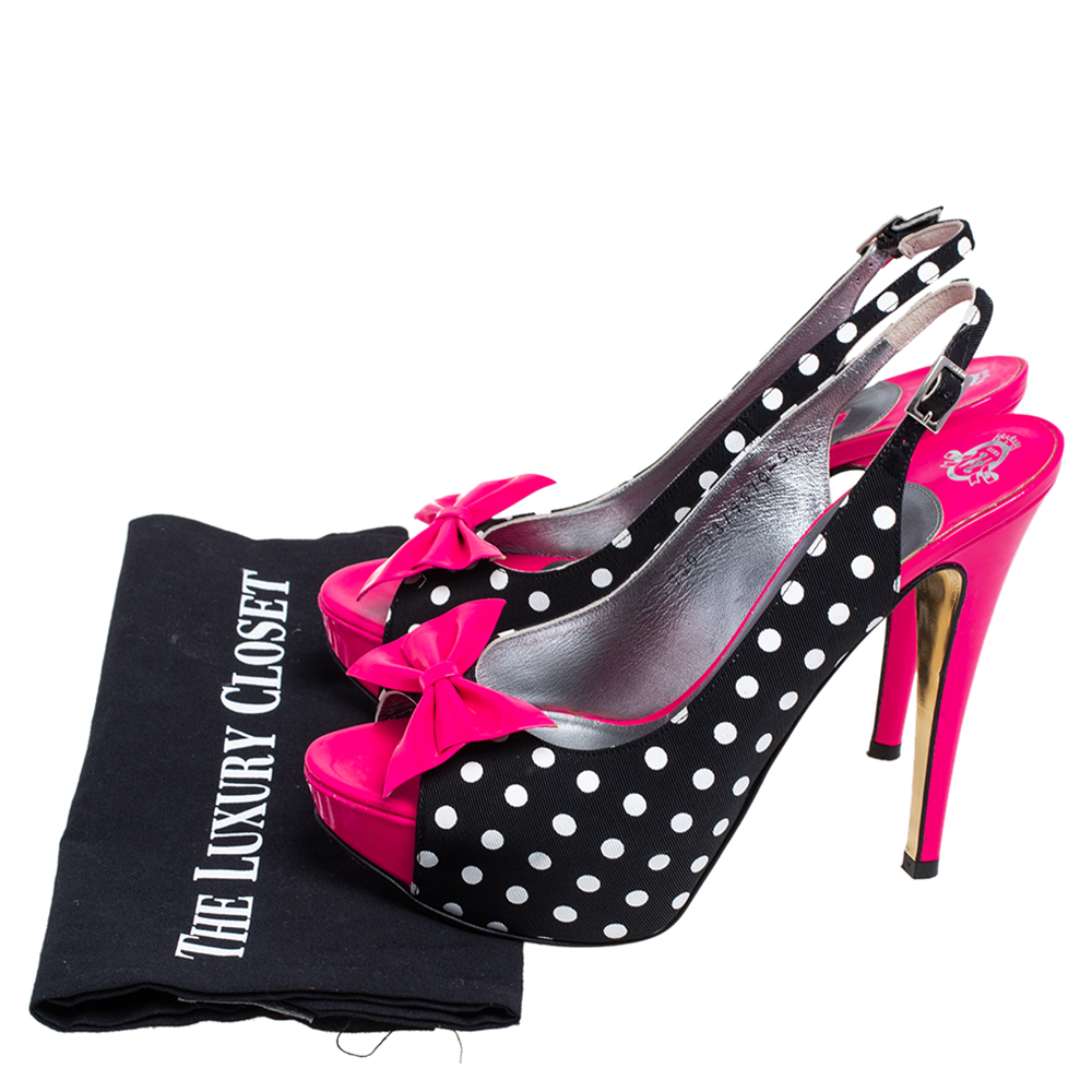 Gina Pink/Black Polka Dot Fabric And Patent Leather Bow Platform Slingback Sandals Size 38.5