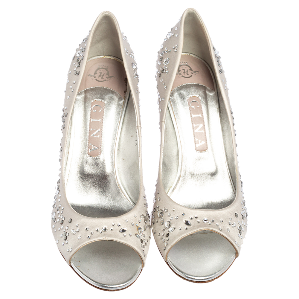 Gina Light Grey Satin Crystal Embellished Dusk Open Toe Pumps Size 40.5