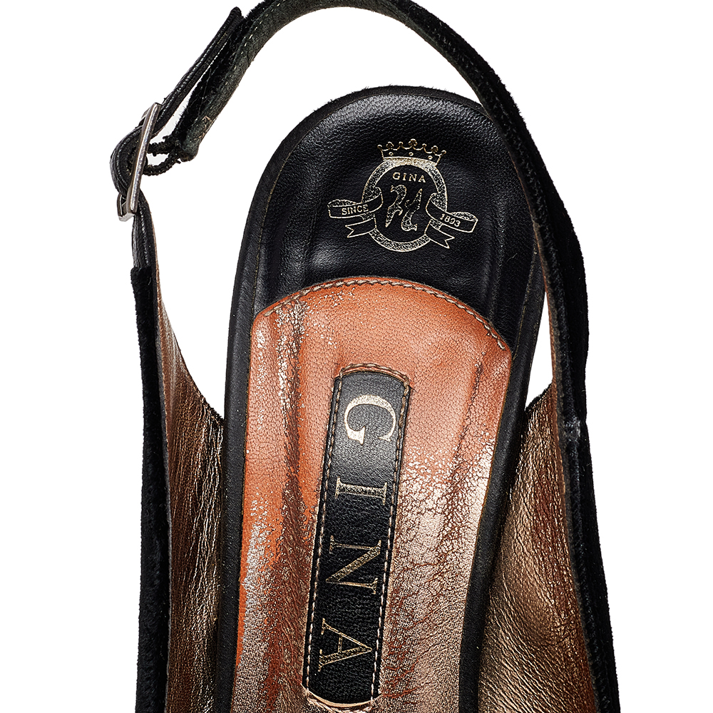 Gina Black Velvet Crystal Embellished Peep Toe Platform Slingback Sandals Size 39