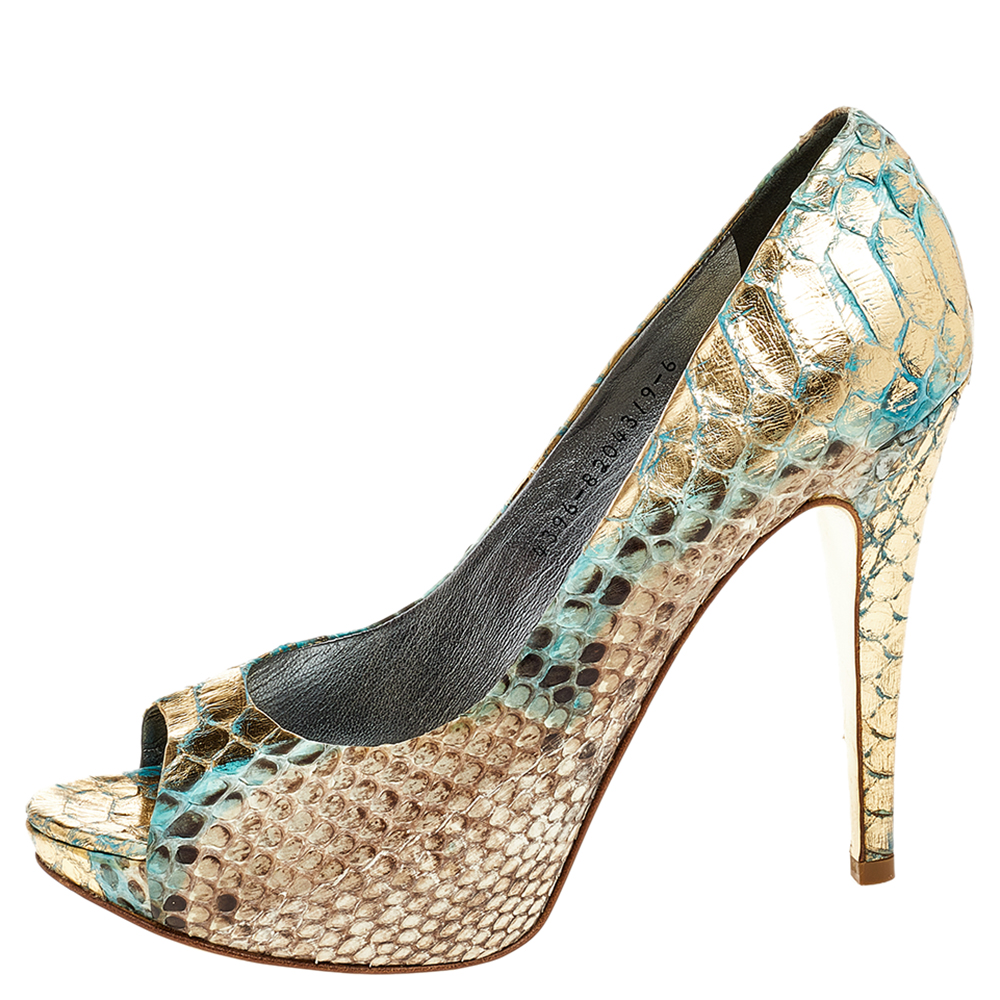 Gina Multicolor Python Leather Peep Toe Platform Pumps Size 39